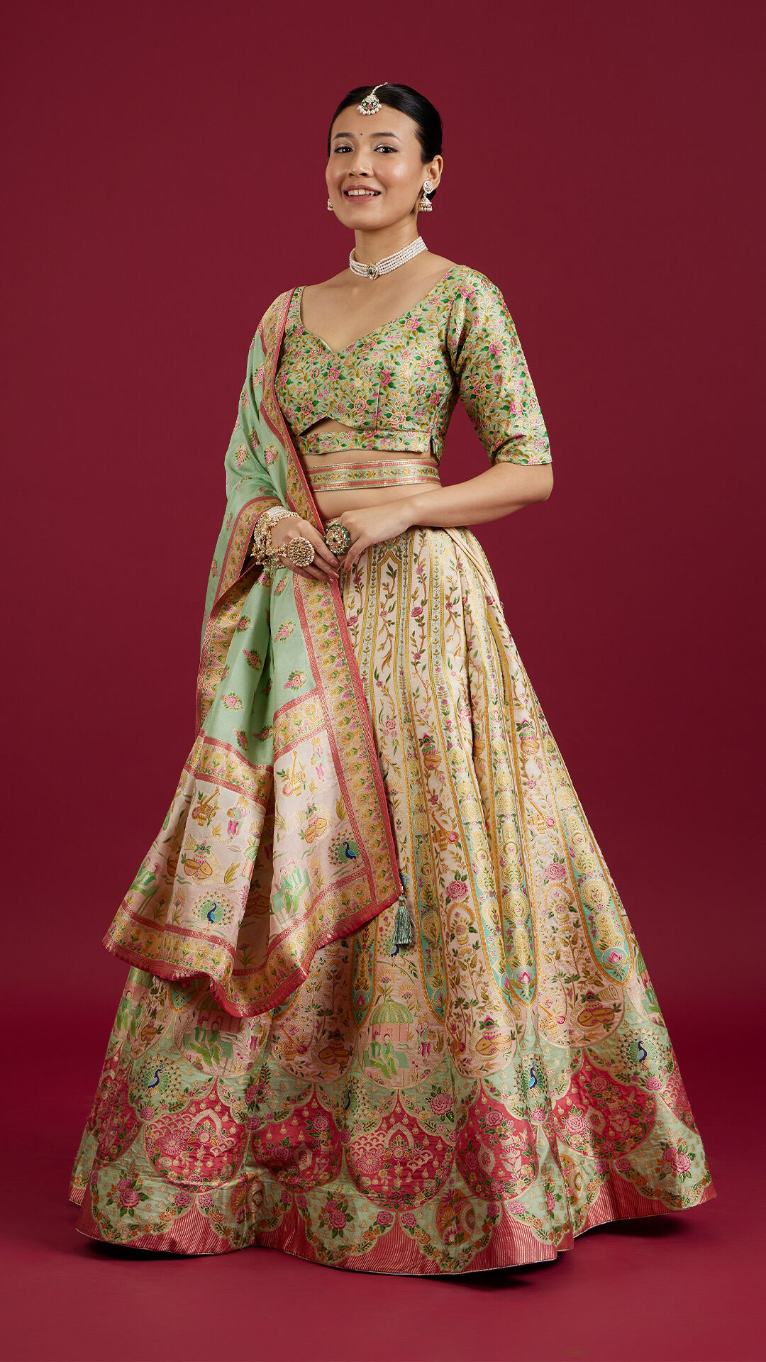 Women wearing stylish designer pastel lehenga for wedding